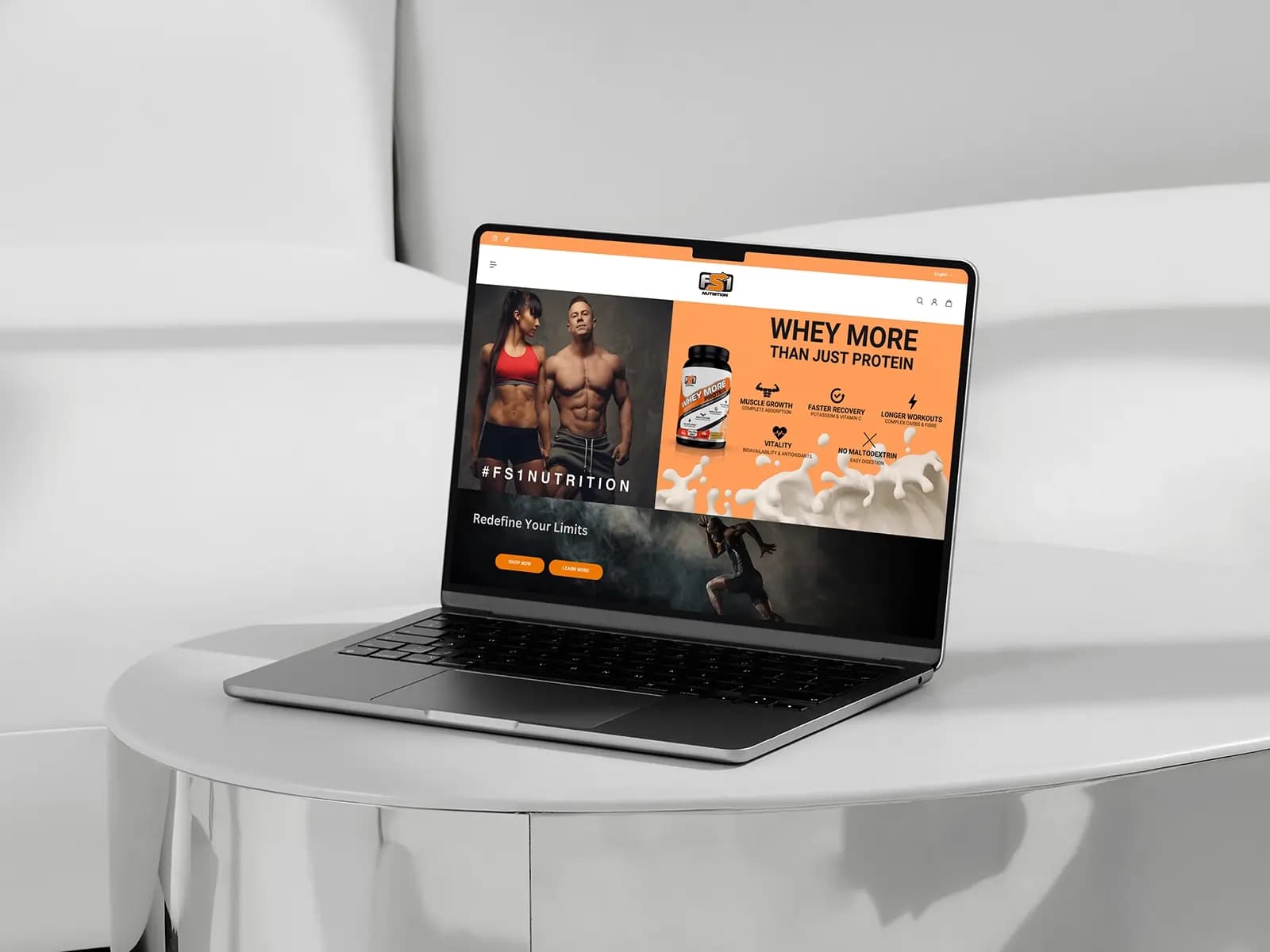 FS Nutrition supplements website displayed on a laptop