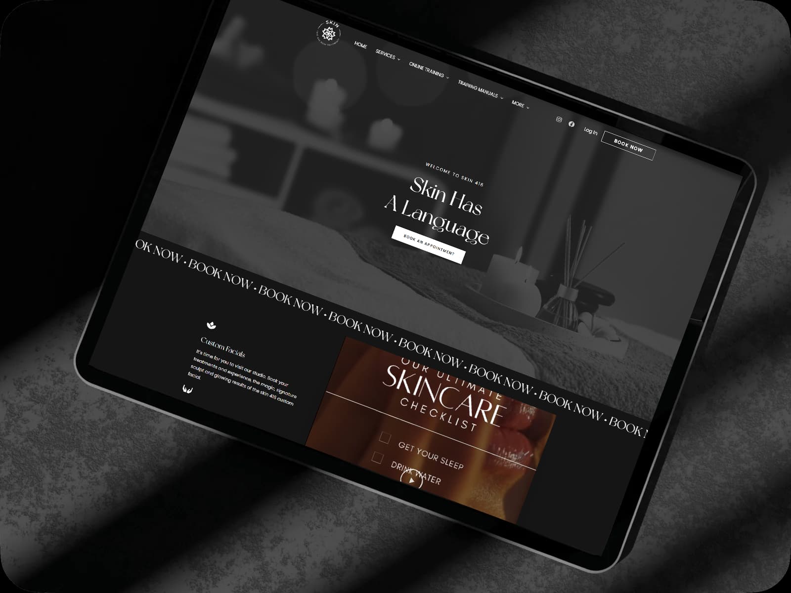 Skin416 skincare brand website displayed on a laptop
