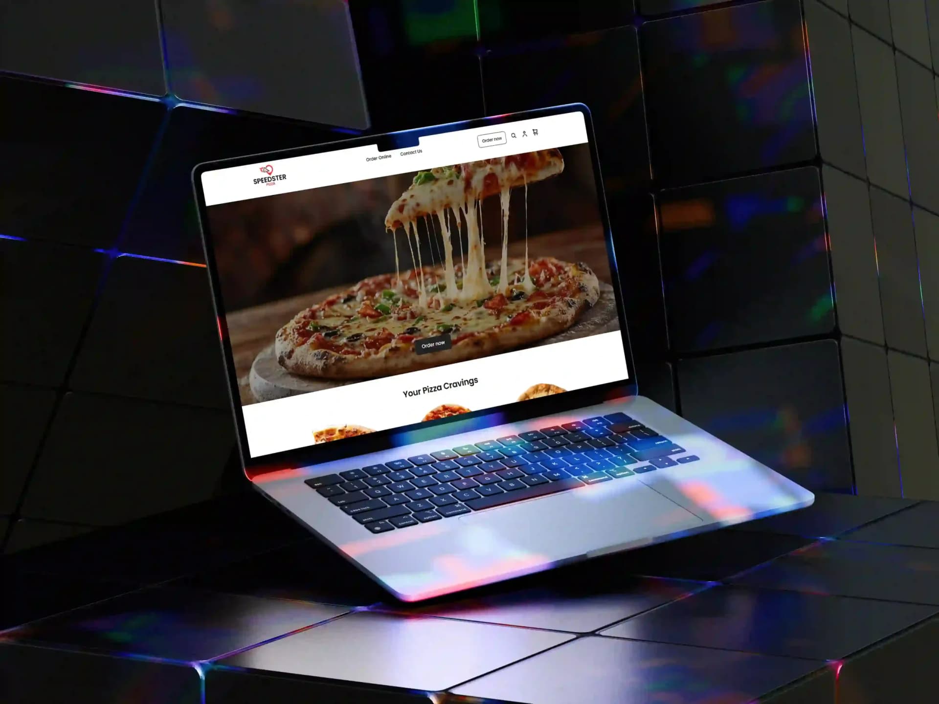 Speedster Pizza restaurant website displayed on a laptop