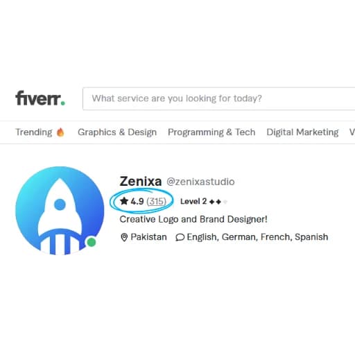 Zenixa Studio Fiverr profile showing a 4.9 star rating