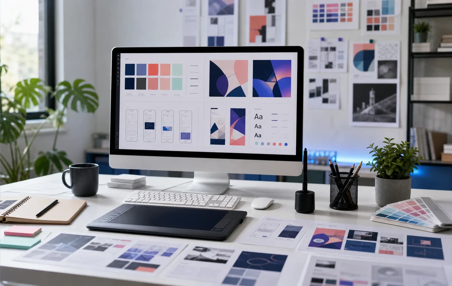 Graphic design workspace with interface layouts, color systems, and campaign artwork