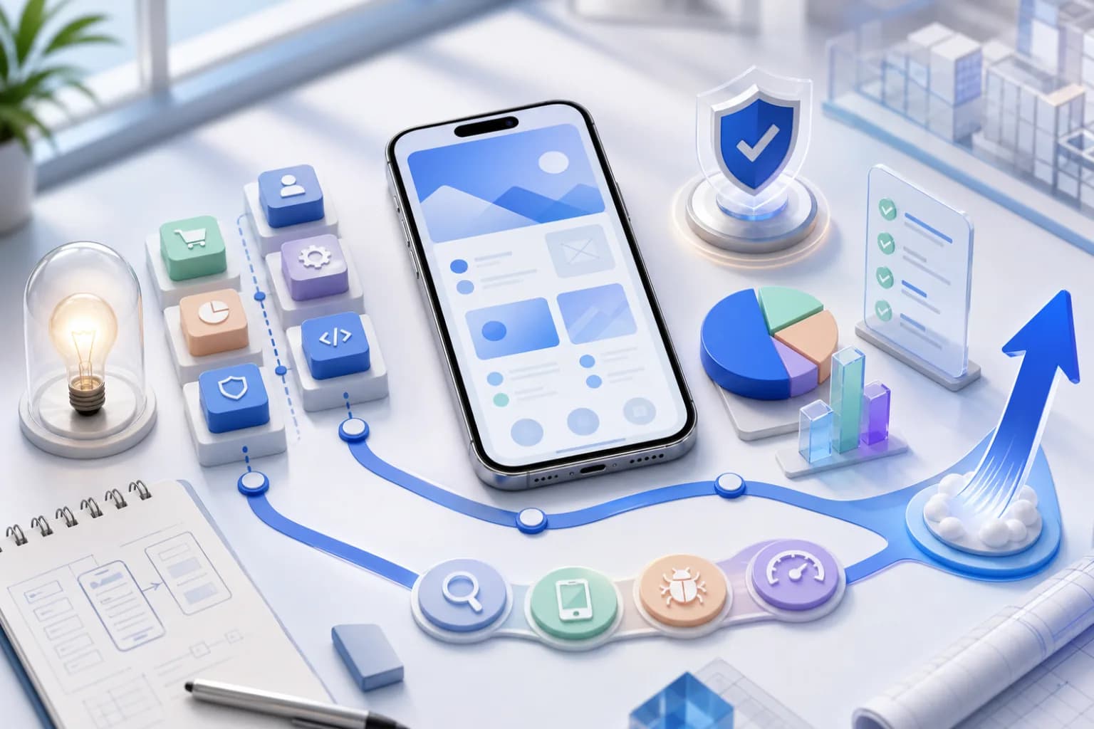 Editorial mobile app planning scene with prototype, roadmap, feature modules, security, testing, and launch indicators
