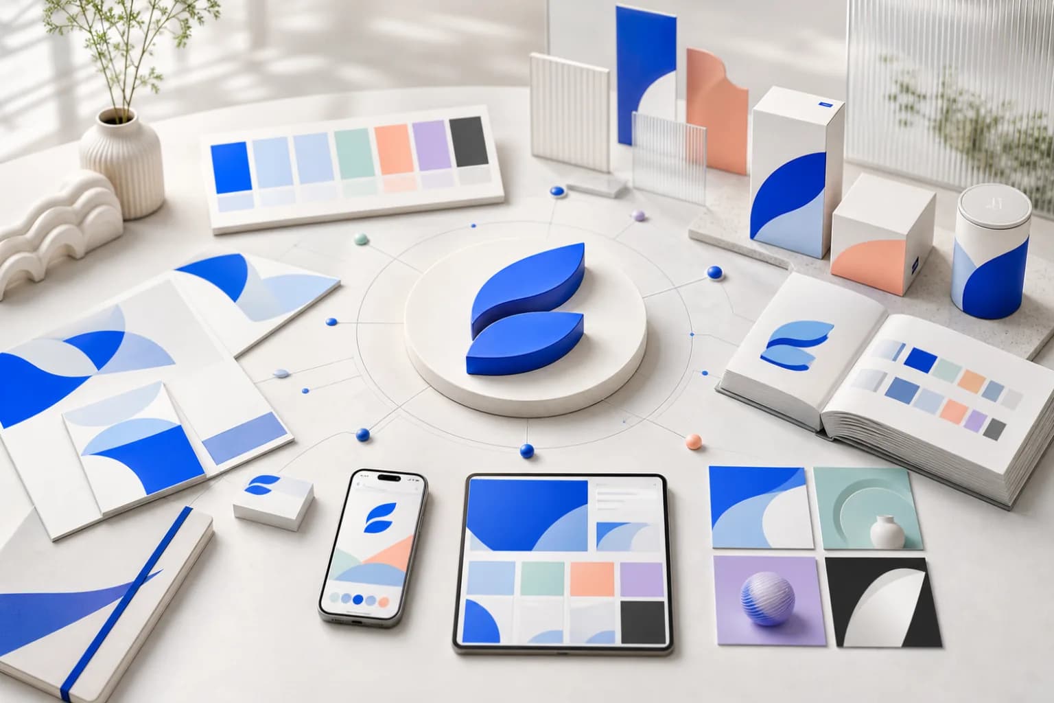Editorial brand identity system with a central abstract mark, color palette, guidelines, packaging, and digital applications