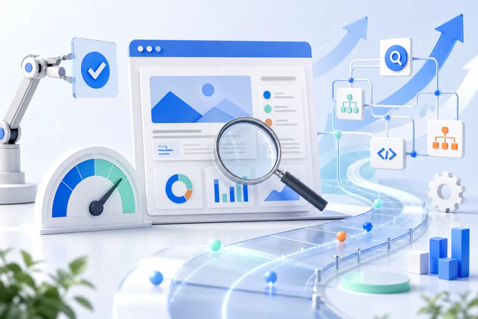 Editorial illustration of a technical SEO audit dashboard, search inspection, structured data, and performance analysis