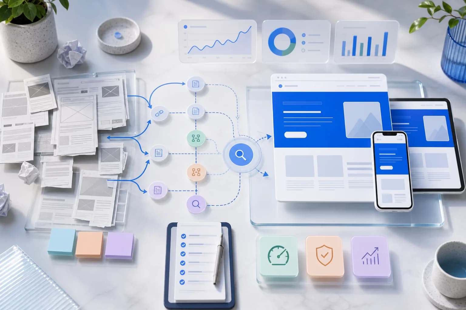 Top-down editorial illustration of a website redesign plan connecting wireframes to a responsive conversion-focused website